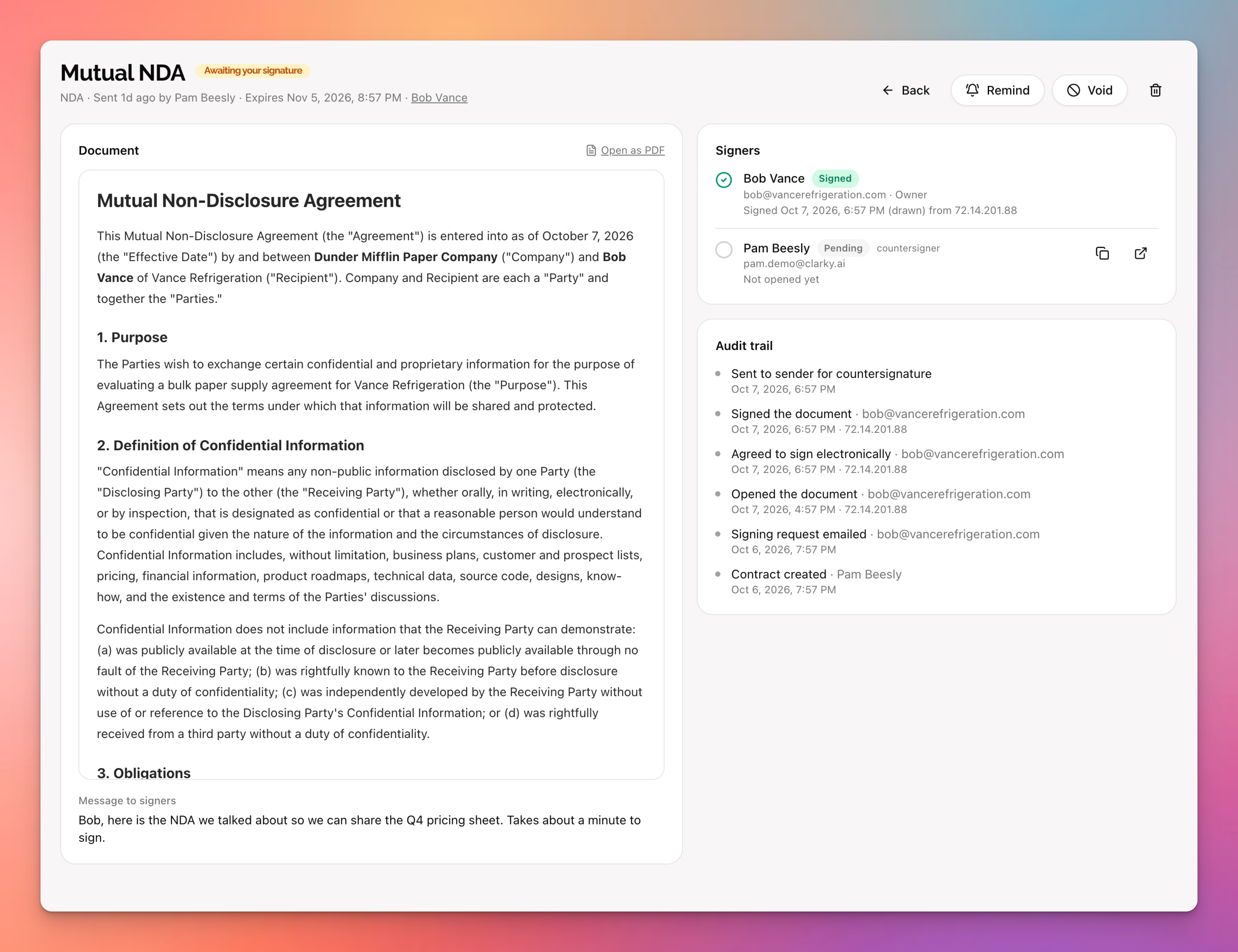 A Clarky contract with signers and audit trail