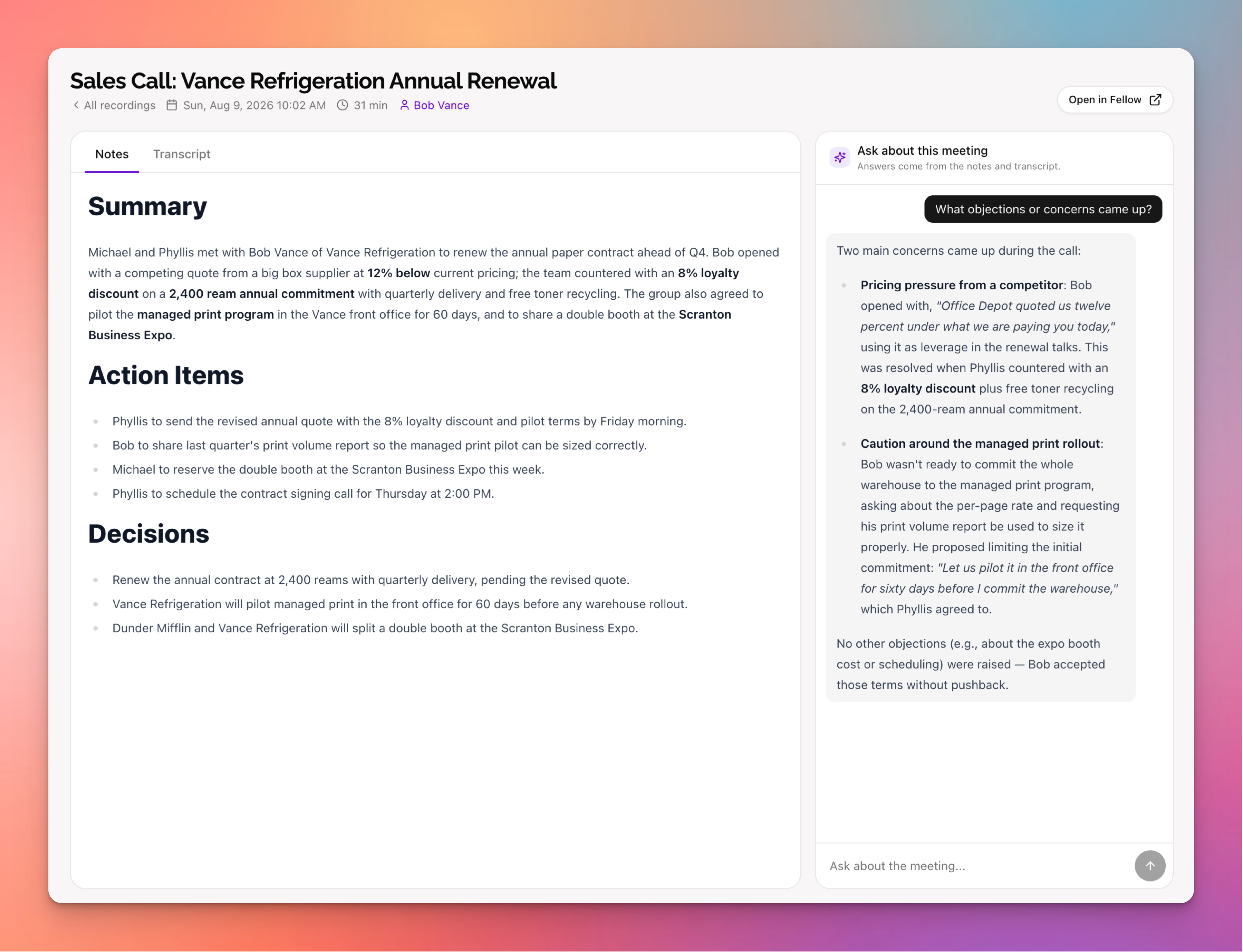 A meeting recording in Clarky with notes and transcript